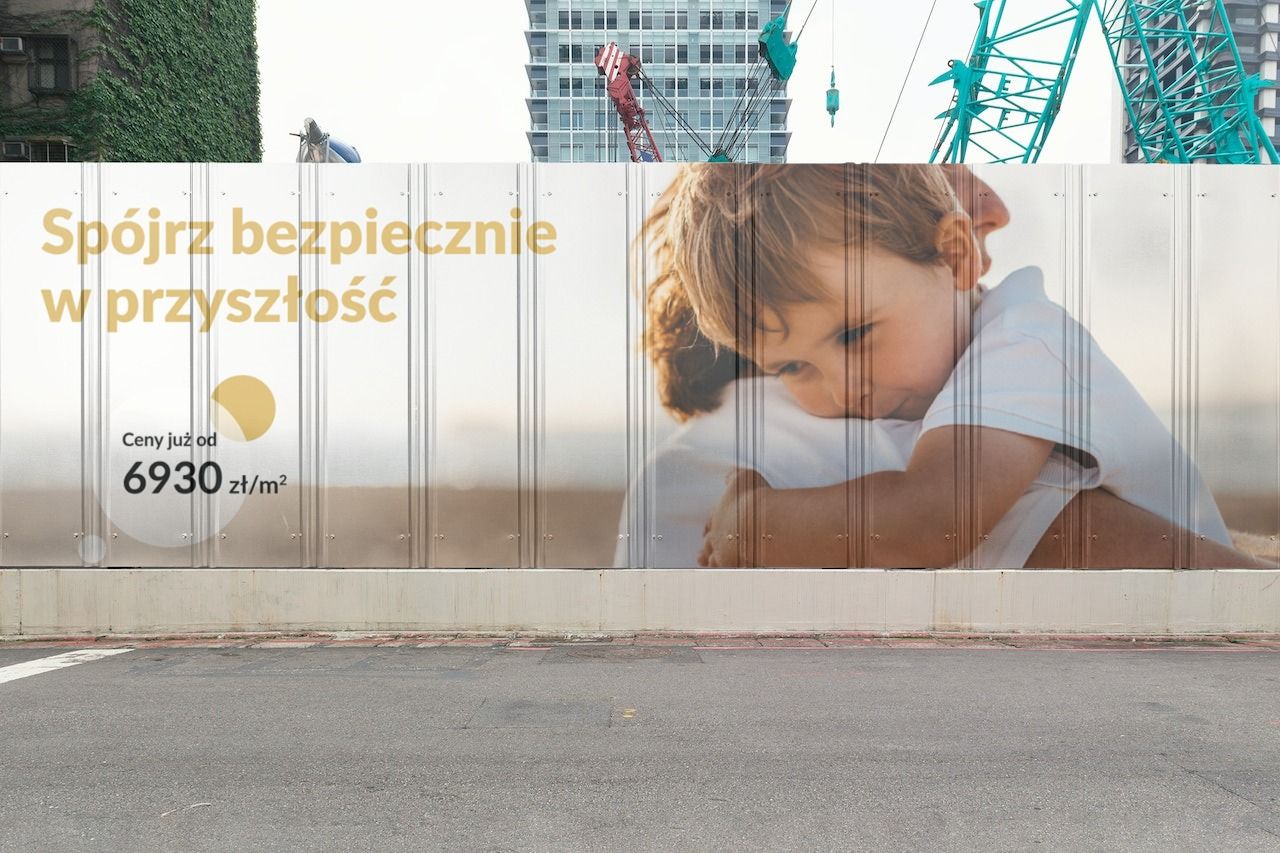banner-on-fence-building-neighborhood-with-a-sign-look-safely-in-the-future-background-photo-of-mother-with-child.jpg